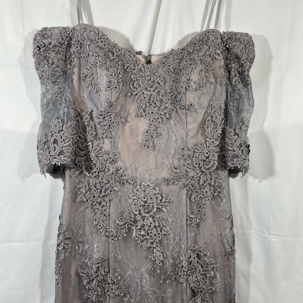 NEW $598 LA FEMME [‎ 4 ] Off the Shoulder Lace Mermaid Gown in Grey/Pink - Picture 8 of 12